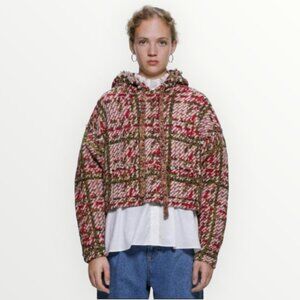 Zara Plaid Knit Hooded Sweatshirt W/ Faux Pearl Applique in Red Multi